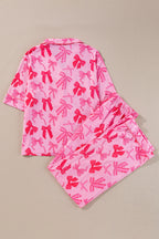 Pink Bow Knot Print Lapel Collar Short Sleeve and Pants Pajamas Set