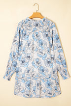 Sky Blue Floral Print Tie Neck Long Sleeve Flowy Mini Dress