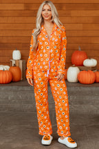 Orange Halloween Print Lapel Shirt Long 2pcs Pajama Set