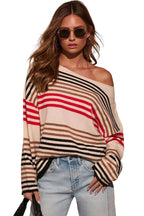 Red Stripe Raw Seam Round Neck Drop Shoulder Sweater