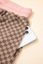 Brown Checkerboard Long Sleeve Pullover and Shorts Set