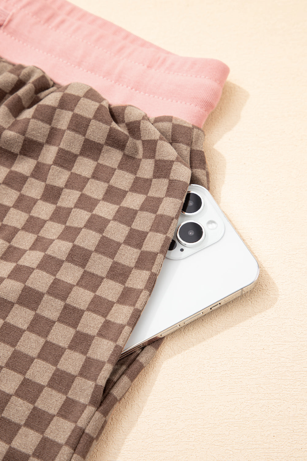 Brown Checkerboard Long Sleeve Pullover and Shorts Set