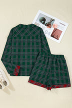 Festive Green Plaid Contrast Patched Christmas Holiday Long Sleeve Shirt & Short Pajama Set for Women