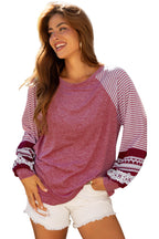 Mineral Red Contrast Print Striped Raglan Long Sleeve Loose Top