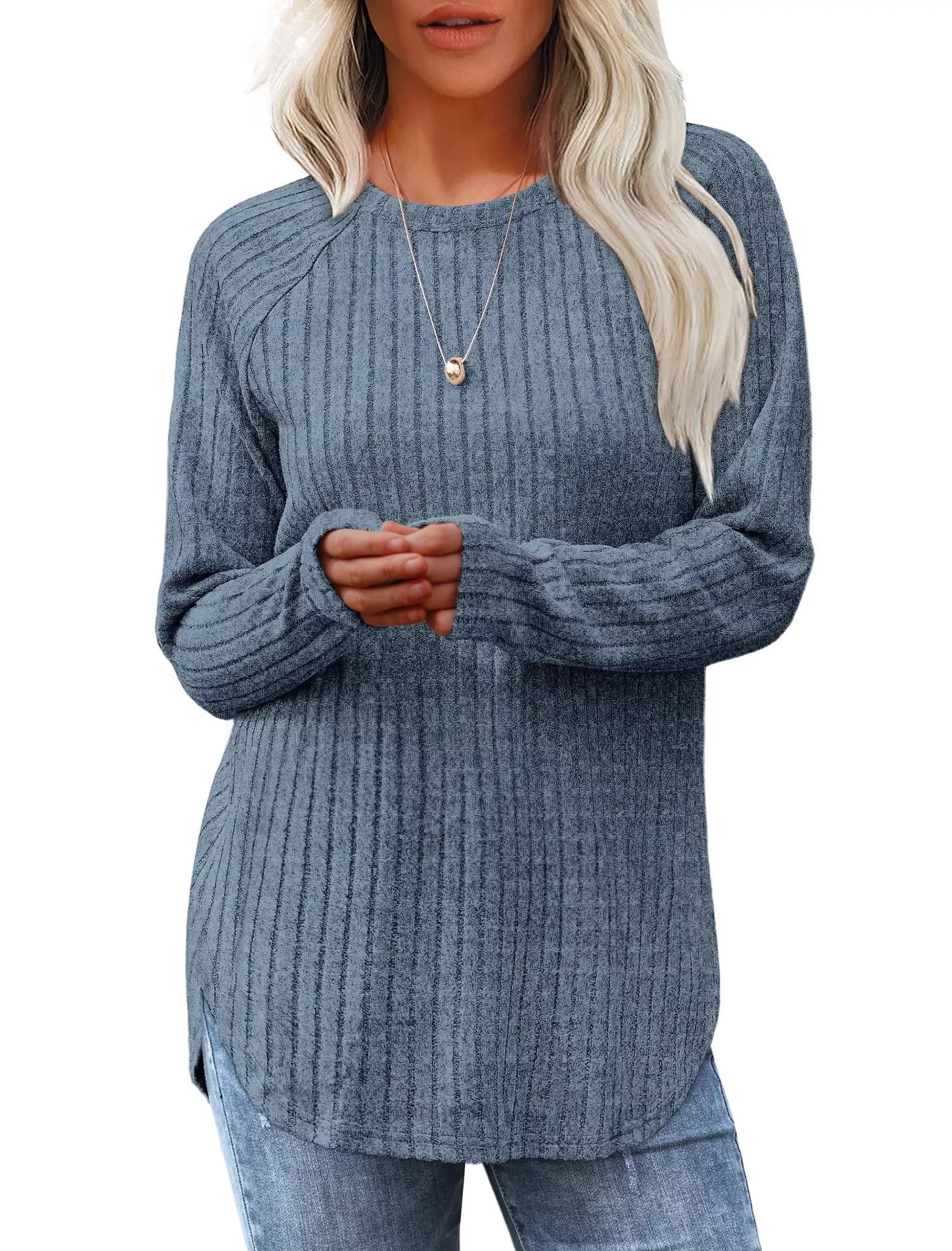 Casual Ribbed Knit Long Sleeve T-Shirt