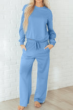 Beau Blue Floral Patchwork Drop Shoulder Pullover & Sweatpants Lounge Set - Cozy & Chic Loungewear