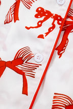 Festive Red Bow Print Long Sleeve 2-Piece Pajama Set for Christmas