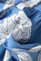 Sky Blue Floral Print Shirt Collar Button Down 3/4 Sleeve Ruffle Hem Long Dress