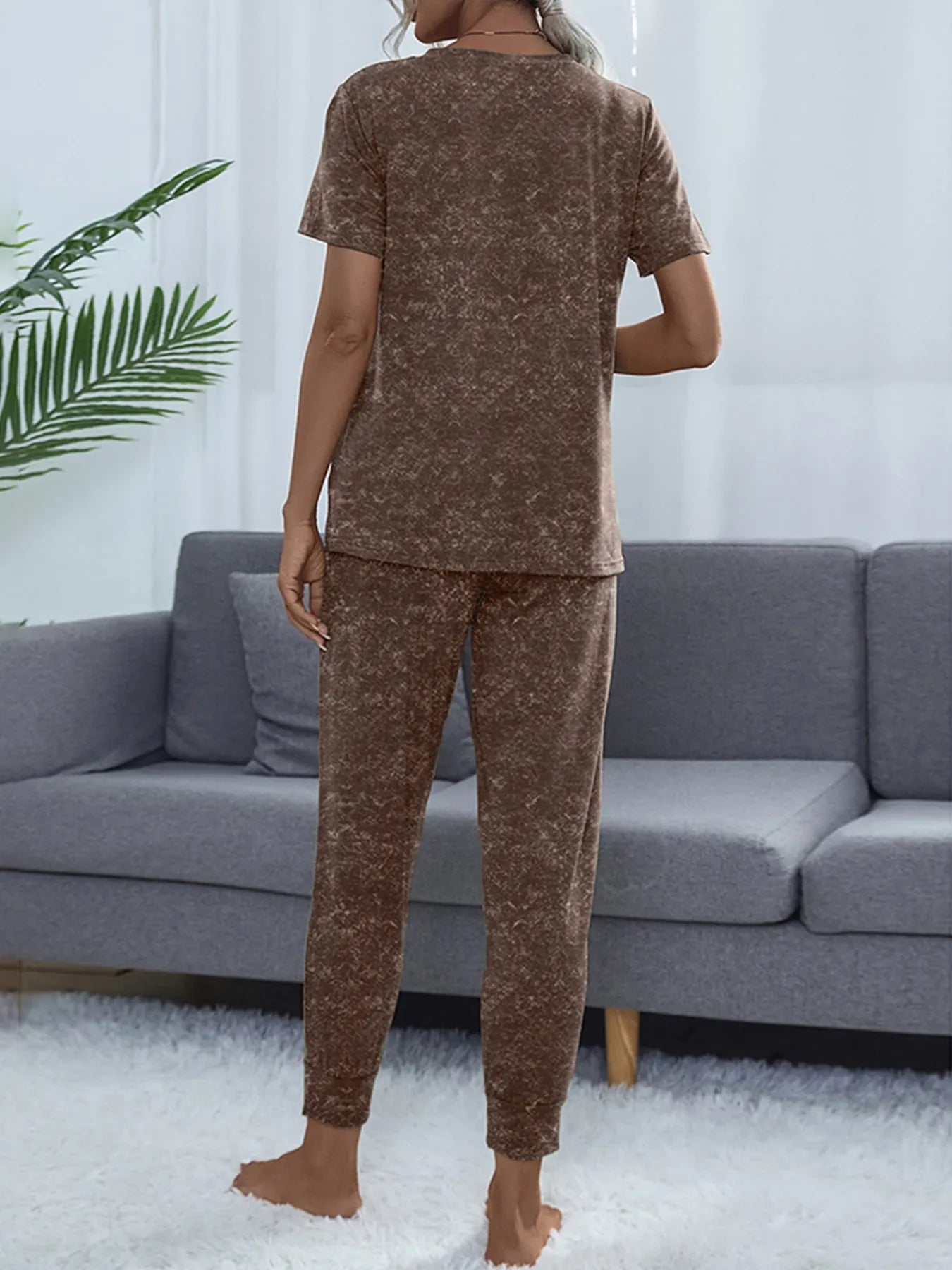 Round Neck Short Sleeve Top and Pants Lounge Set