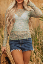 Laurel Green Vintage Floral Print Southern Style Mesh Long Sleeve Top