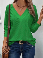 Eyelet V-Neck Long Sleeve T-Shirt