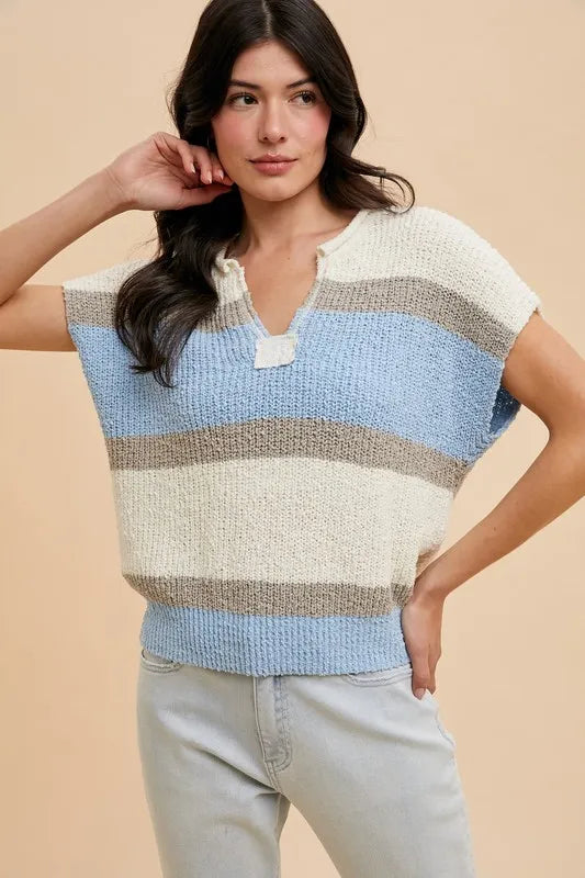 Annie Wear Low Gauge Color Block Textured Sweater Top