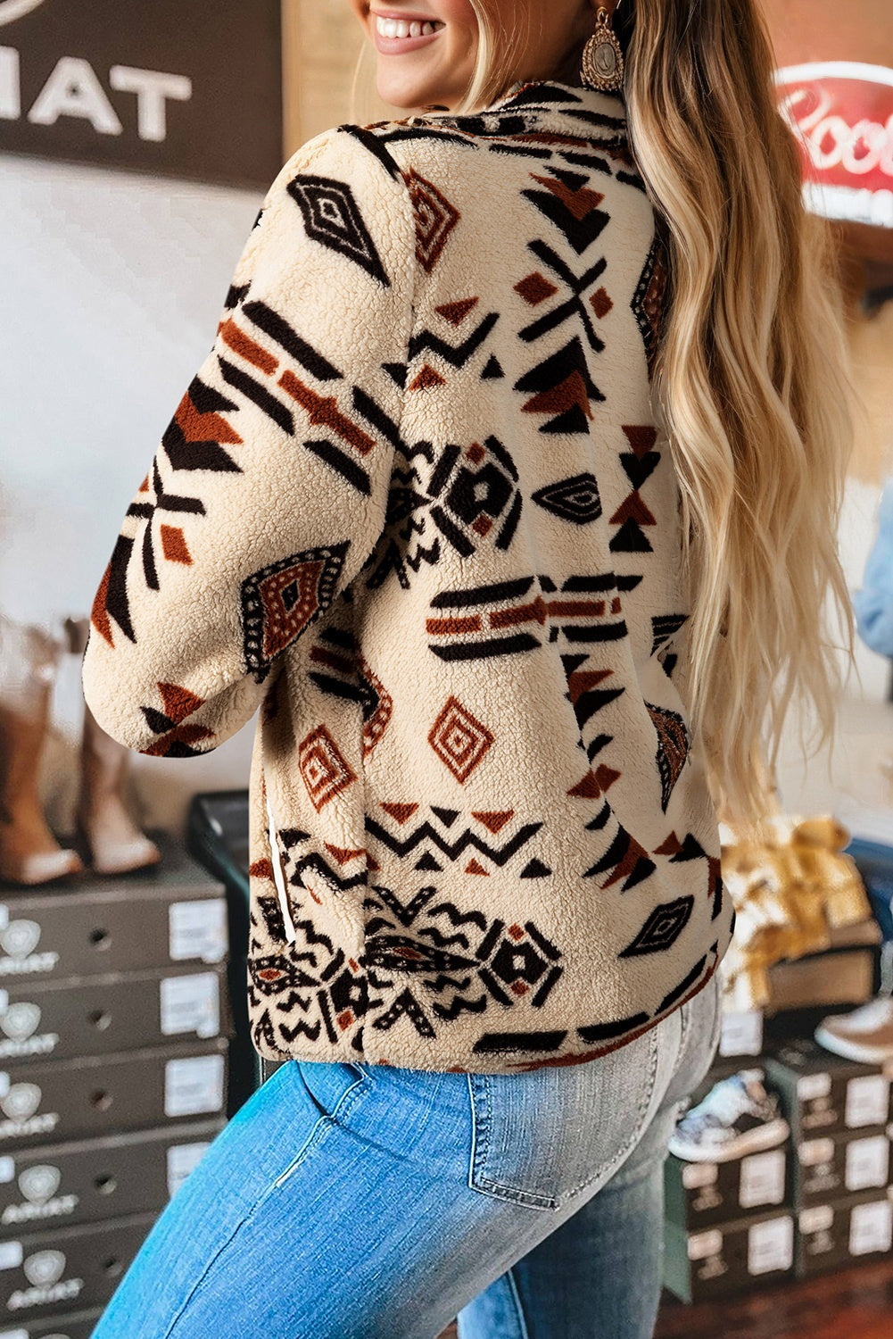 Beige Western Aztec Half Zip Plush Sweatshirt