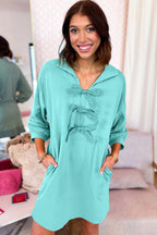 Moonlight Jade Bow Front Bracelet Sleeve Collared Side Pocket Shift Mini Dress