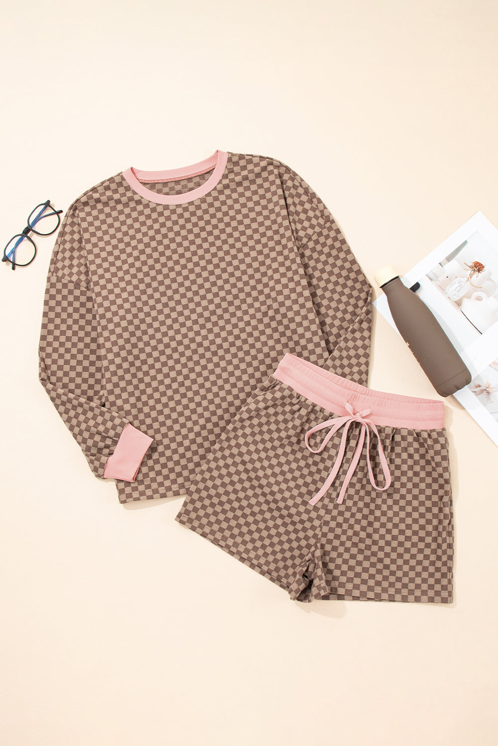 Brown Checkerboard Long Sleeve Pullover and Shorts Set