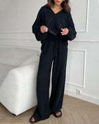 Autumn Casual V-Neck Two-Piece Set for Women - Comfortable Polyester Loungewear