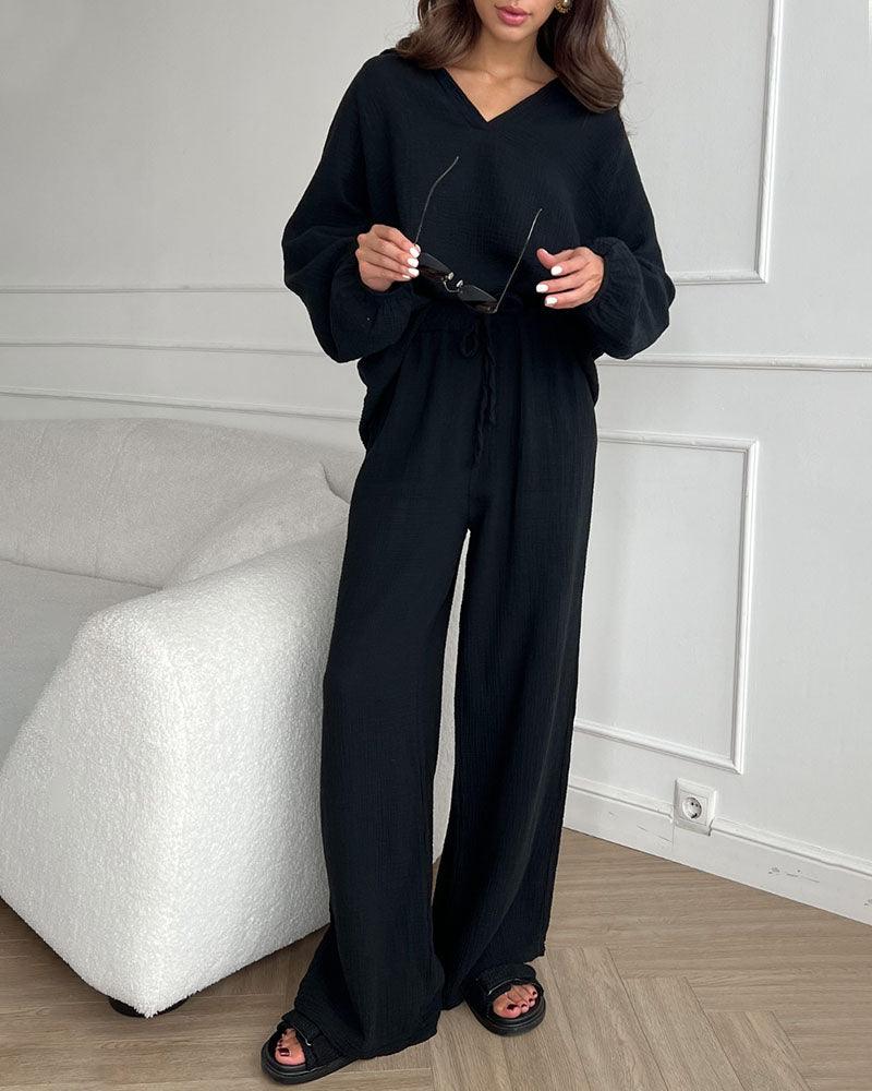 Autumn Casual V-Neck Two-Piece Set for Women - Comfortable Polyester Loungewear