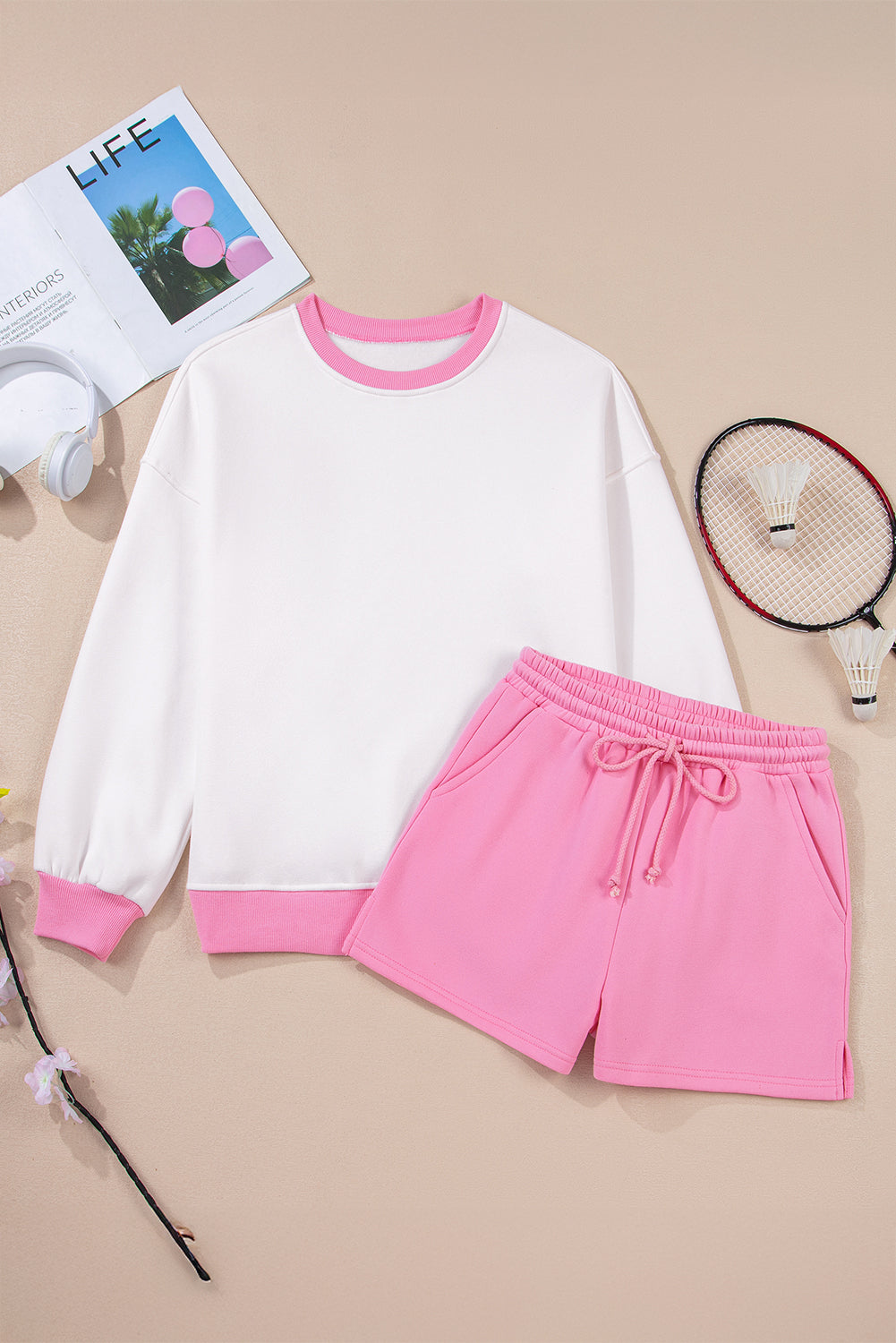 Strawberry Pink Color Block Pullover and Lace-up Elastic Waist Shorts Set