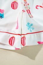Festive White Christmas Print Short Sleeve Shirt and Shorts Pajama Set for Cozy Lounging