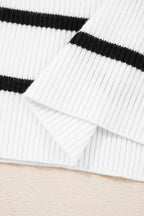 Black white Scalloped Trim U Neck Striped Ribbed Slim Sweater