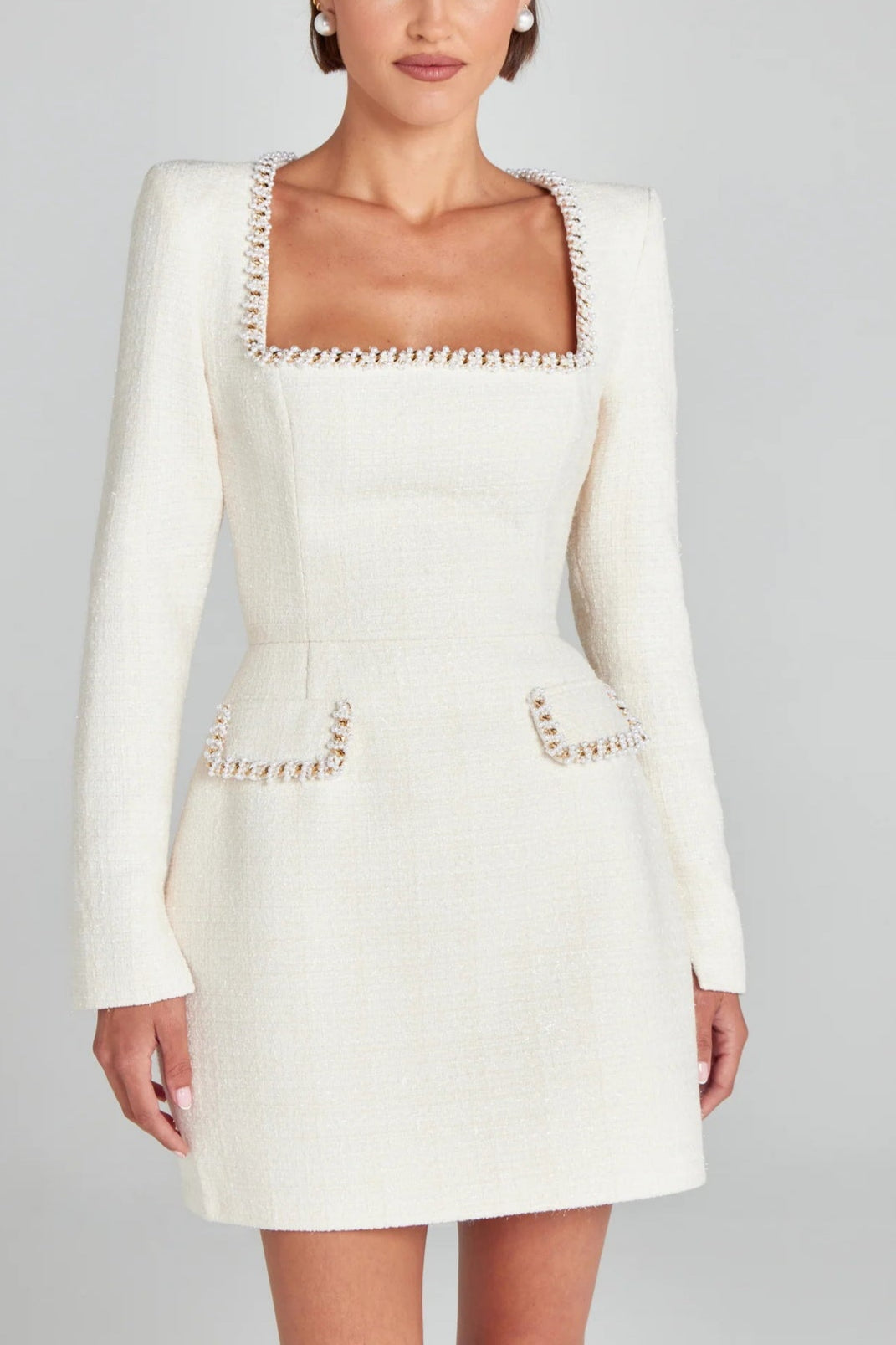 Exquisite Pearl Trim Pocket Mini Dress - Playful & Stylish
