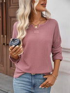 Striped Notched Long Sleeve T-Shirt