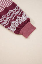 Mineral Red Contrast Print Striped Raglan Long Sleeve Loose Top