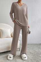 Women's Ribbed V-Neck Top and Pants Loungewear Set - Comfortable & Stylish