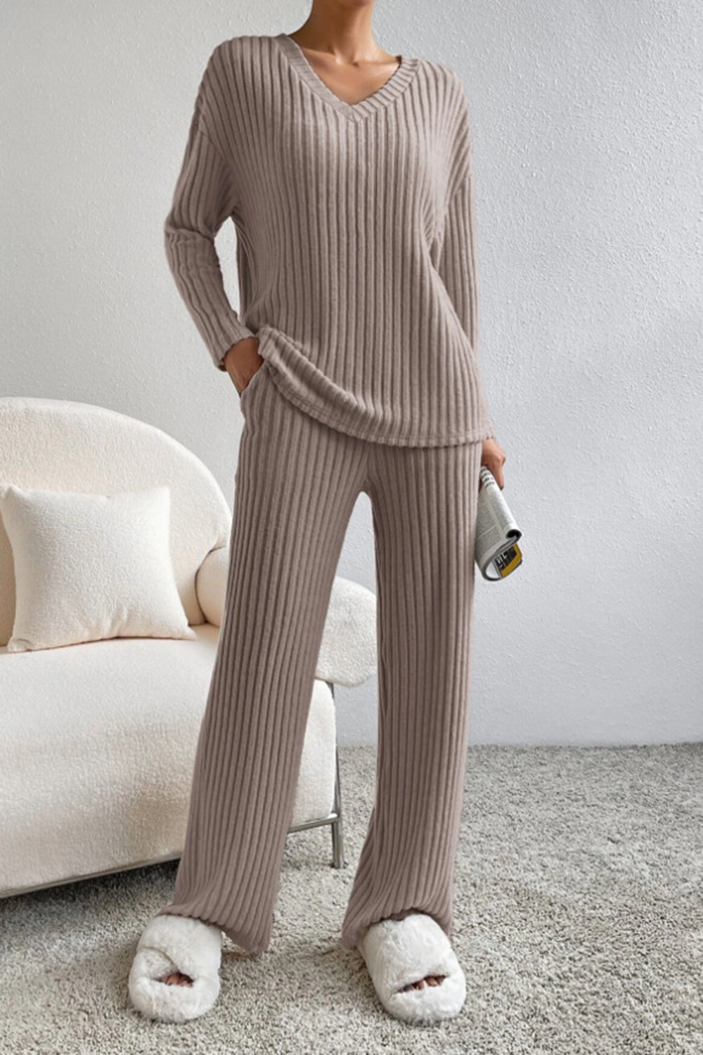 Women's Ribbed V-Neck Top and Pants Loungewear Set - Comfortable & Stylish