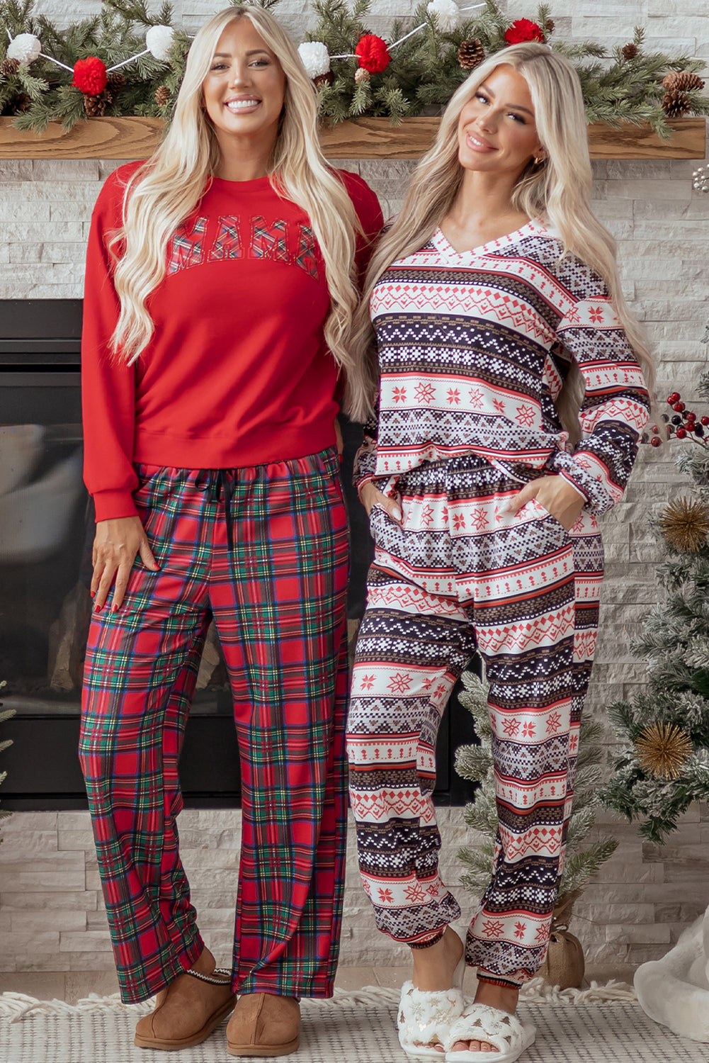 Festive Red Plaid Mama Graphic Christmas Holiday Crewneck Pullover and Pants Two-Piece Lounge Set