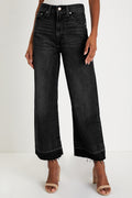 Black Raw Hem Straight Leg Loose High Waist Jeans