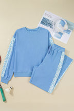 Beau Blue Floral Patchwork Drop Shoulder Pullover & Sweatpants Lounge Set - Cozy & Chic Loungewear