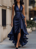 Midnight Elegance Satin Halter Ruffle Gown