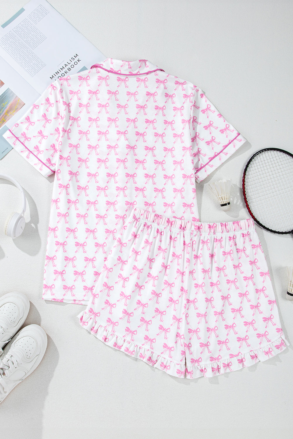 Cute Pink Bowknot Printed Short Sleeve Pajama Set with Ruffled Shorts