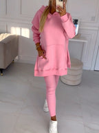 Cozy & Stylish: Women's Fashion Solid Color Hoodie and Lined Leggings Two-Piece Set for Spring/Fall