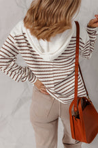 Khaki Stripe Textured Hooded V Neck Casual Long Sleeve Top