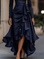 Midnight Blue Draped Satin Maxi Dress With Ruffle Details
