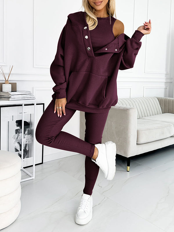 Comfortable & Stylish Grey Three-Piece Sweatshirt Set for Women - Includes Vest, Top, and Pants