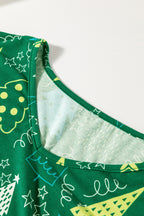 Festive Green Christmas Tree Print V-Neck Tee and Cozy Pants Lounge Set for Holidays