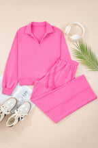 Sachet Pink Solid Color Collared Pullover and Central Seam Pants Set