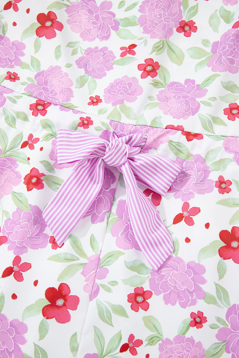 Pink Floral Print Striped Trim Frilled Neck 3/4 Sleeve Flared Mini Dress