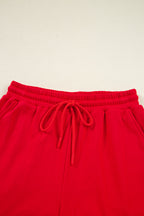 Fiery Red Varsity Striped Sleeve Drop Shoulder Sweatshirt and Short Set