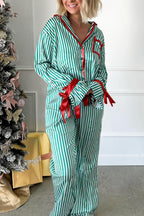 Green Stripe Contrast Velvet Trim Bow Knot Waist 2-Piece Pajama Set - Women's Sleepwear