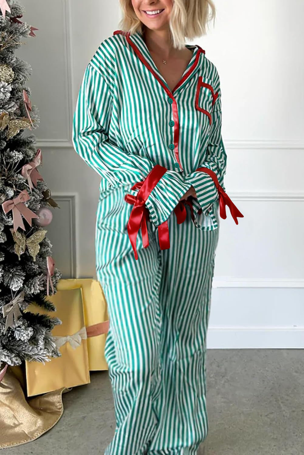 Green Stripe Contrast Velvet Trim Bow Knot Waist 2-Piece Pajama Set - Women's Sleepwear