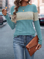 Color Block Ribbed Knit Long Sleeve T-Shirt