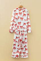Festive Red Bow Print Long Sleeve 2-Piece Pajama Set for Christmas
