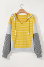 Yellow Stripe Color Block Drawstring V Neck Loose Fit Hooded Top