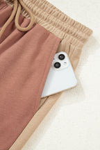 Khaki Color Block Long Sleeve Crop Top Drawstring Pant Set