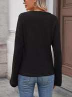 Striped Notched Long Sleeve T-Shirt