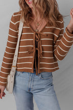 Chestnut Tie Front Striped Knit V Neck Cardigan Sweater